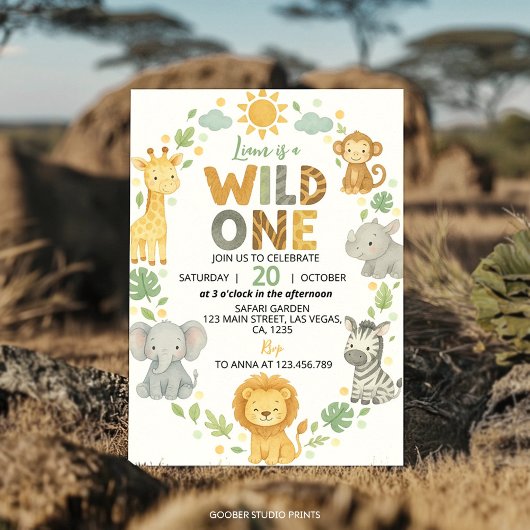 Wild One Jungle Animals Safari 1st Birthday 招待状