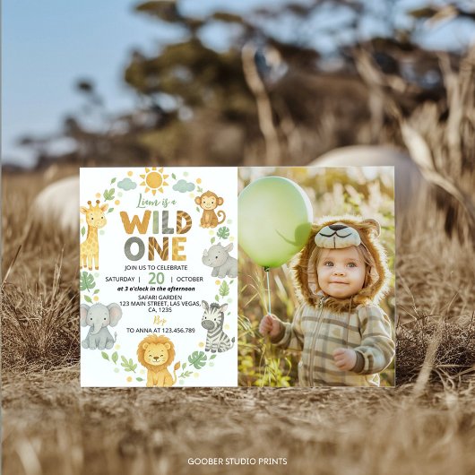 Wild One Jungle Animals Safari 1st Birthday Photo 招待状