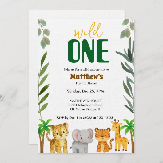 Wild One Jungle First Birthday Invitation 招待状 (正面/裏面)