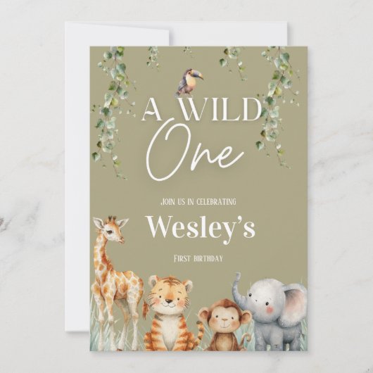 Wild One Jungle First Birthday Invitation 招待状 (正面)