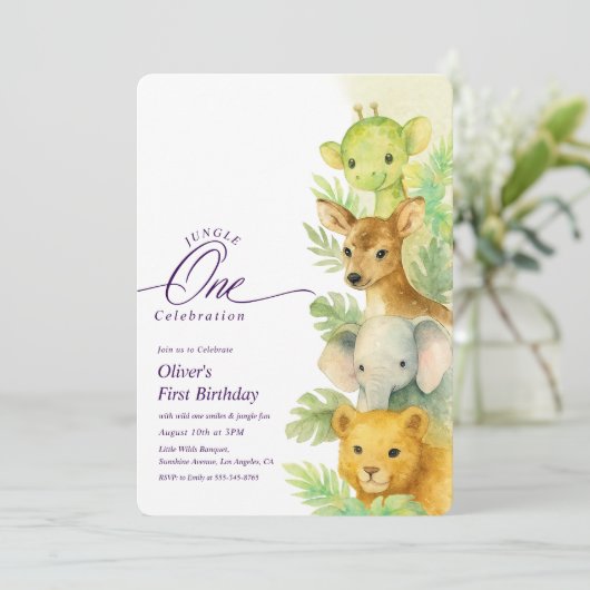 Wild One Jungle Leaves Boy 1st Birthday Invitation 招待状 (スタンド正面)