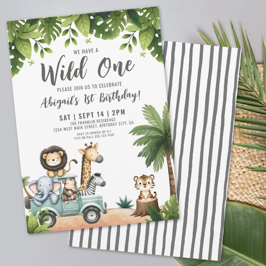Wild One Jungle Safari 1歳の誕生日パーティー 招待状