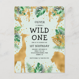 Wild One Jungle Safari 1歳の誕生日 グリーン インビテーションポストカード