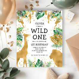 Wild One Jungle Safari 1st Birthday Gold Green インビテーションポストカード