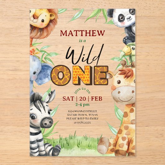 Wild One Jungle Safari 1st birthday Invitation アクリル招待状 (正面)