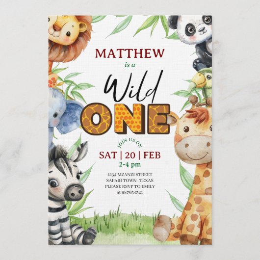 Wild One Jungle Safari 1st birthday Invitation 招待状 (正面)