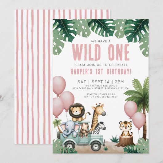 Wild One Jungle Safari 1st Birthday Party 招待状 (正面/裏面)