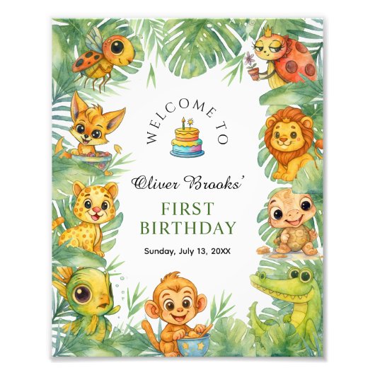 Wild One Jungle Safari 1st Birthday Party Sign フォトプリント (正面)