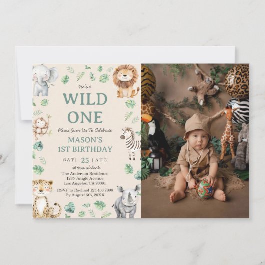 Wild One Jungle Safari Animals Birthday Photo 招待状 (正面)