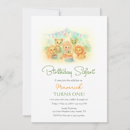 Wild One Jungle Safari Animals Boy 1st Birthday 招待状 (正面)