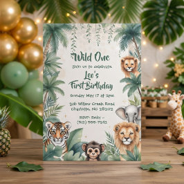 Wild One Jungle Safari Animals Boy First Birthday  招待状