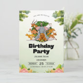 Wild One Jungle Safari Animals Kids Birthday 招待状 (スタンド正面)