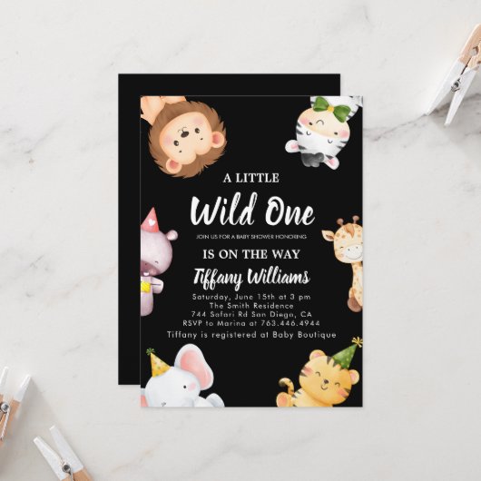Wild One Jungle Safari Baby Shower Party 招待状 (正面/裏面インサイチュ)