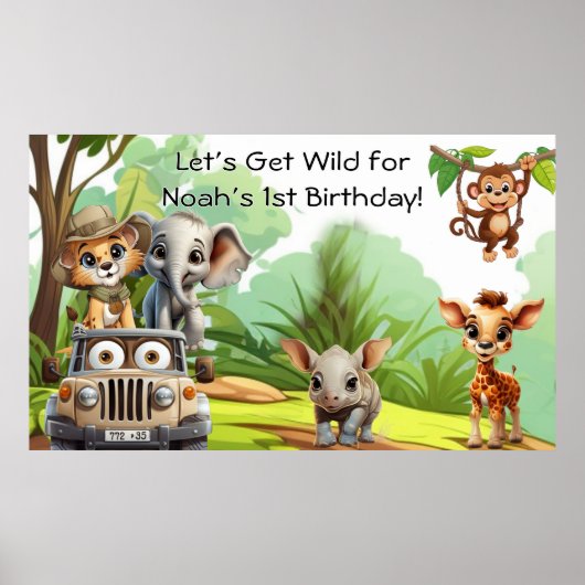 Wild One Jungle Safari Birthday Banner – 1st Birth ポスター (正面)