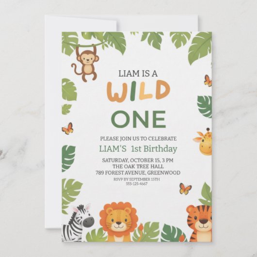 Wild One Jungle Theme 1st Birthday Party Invite 招待状 (正面)