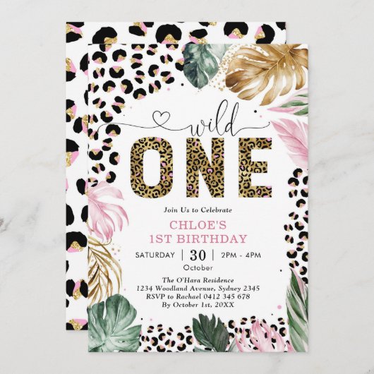 Wild One Leopard Pink Party Animals 1st Birthday 招待状 (正面/裏面)