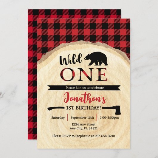 Wild One Lumberjack 1st Birthday Invitation 招待状 (正面/裏面)