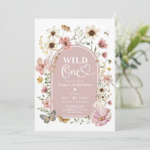 Wild One: Muted Blush Wildflower 1st Birthday 招待状 (スタンド正面)