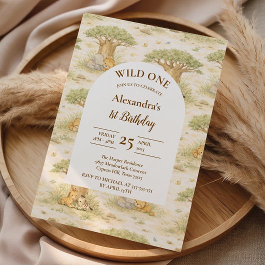Wild One Neutral Safari First Birthday 招待状