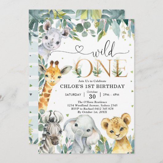 Wild One Party Animals 1st Birthday Invitation 招待状 (正面/裏面)