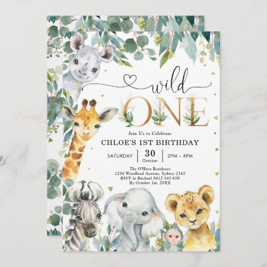 Wild One Party Animals 1st Birthday Invitation 招待状 (正面/裏面)
