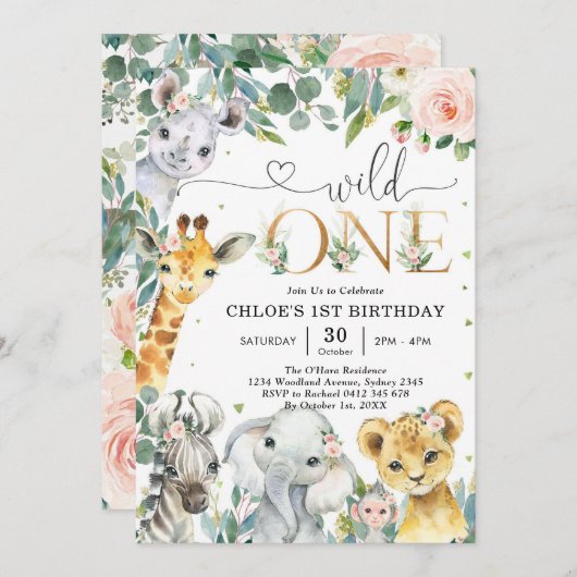 Wild One Party Animals 1st Birthday Invitation 招待状 (正面/裏面)