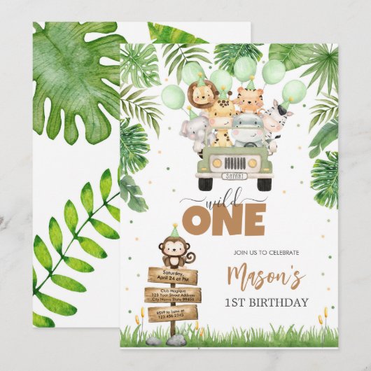 Wild One Party Animals Kids 1st Birthday 招待状 (正面/裏面)