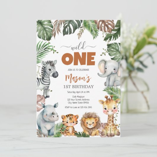 Wild One Party Animals Kids 1st Birthday 招待状 (スタンド正面)