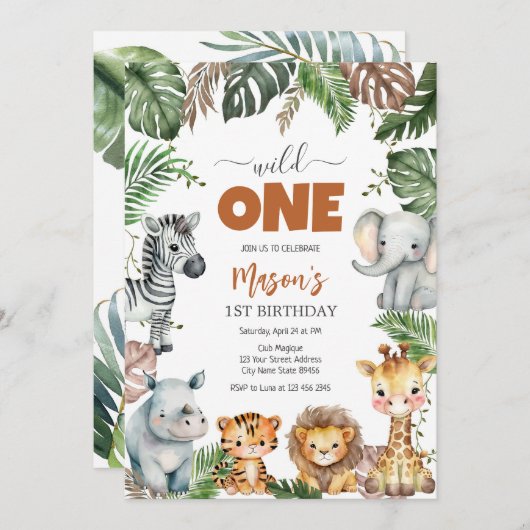 Wild One Party Animals Kids 1st Birthday 招待状 (正面/裏面)