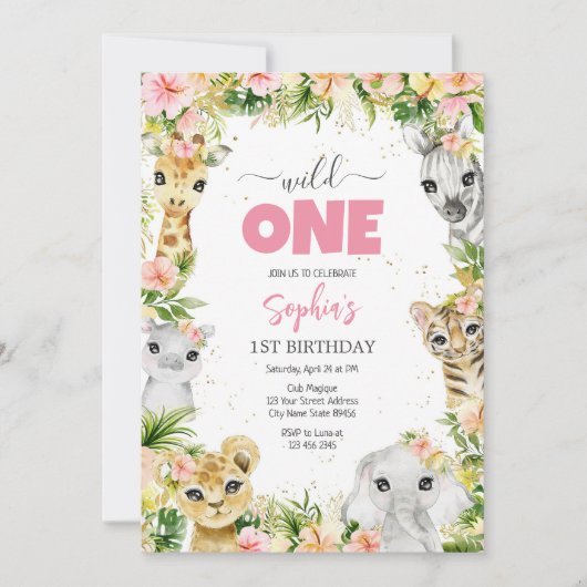 Wild One Party Animals Kids 1st Birthday 招待状 (正面)