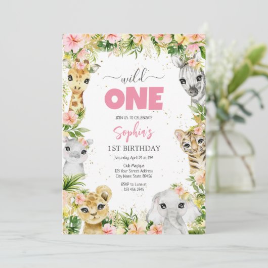 Wild One Party Animals Kids 1st Birthday 招待状 (スタンド正面)