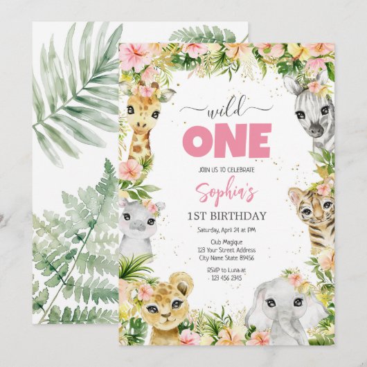 Wild One Party Animals Kids 1st Birthday 招待状 (正面/裏面)