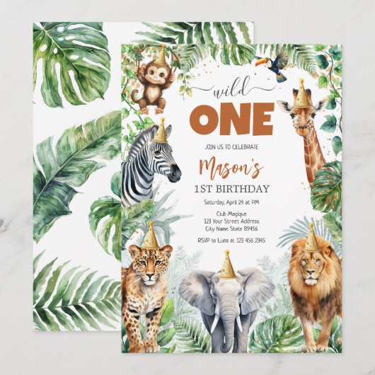 Wild One Party Animals Kids 1st Birthday 招待状 (正面/裏面)