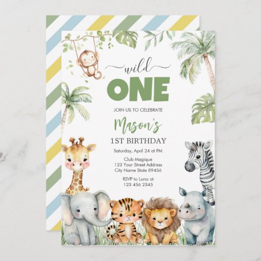 Wild One Party Animals Kids 1st Birthday 招待状 (正面/裏面)