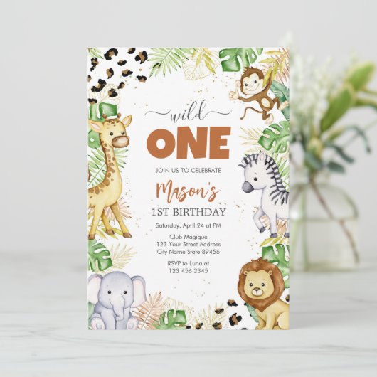 Wild One Party Animals Kids 1st Birthday 招待状 (スタンド正面)