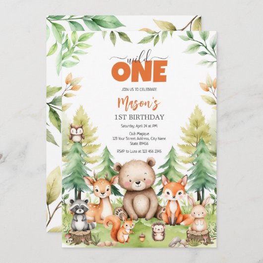 Wild One Party Animals Kids 1st Birthday 招待状 (正面/裏面)