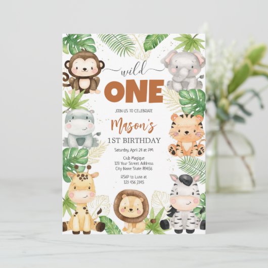 Wild One Party Animals Kids 1st Birthday 招待状 (スタンド正面)