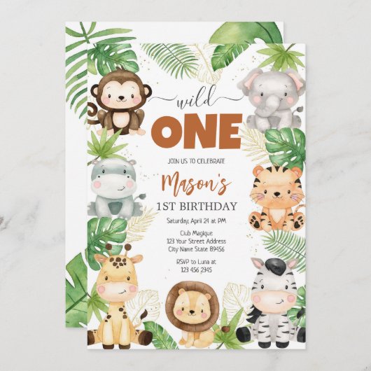 Wild One Party Animals Kids 1st Birthday 招待状 (正面/裏面)