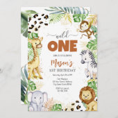 Wild One Party Animals Kids 1st Birthday 招待状 (正面/裏面)