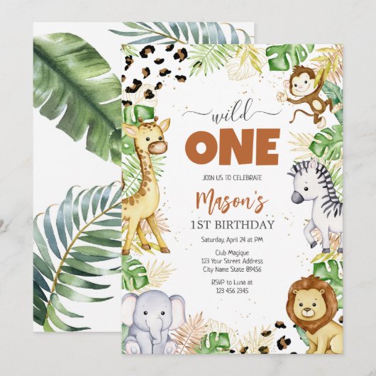 Wild One Party Animals Kids 1st Birthday 招待状 (正面/裏面)