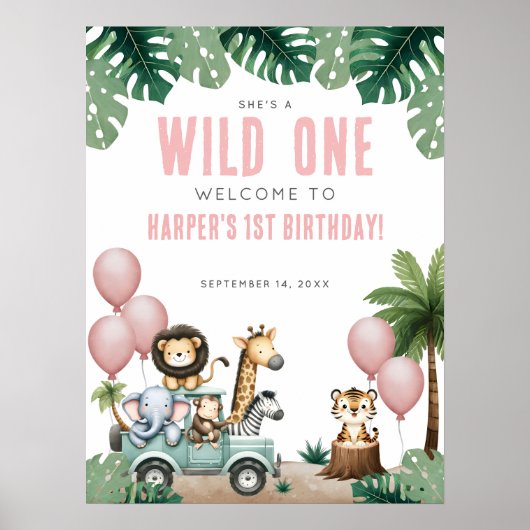 Wild One Pink Safari 1st Birthday Welcome ポスター (正面)