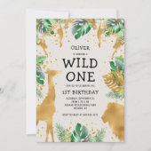 Wild One Safari グリーン ゴールド エクリュ 1歳の誕生日 招待状 (正面)