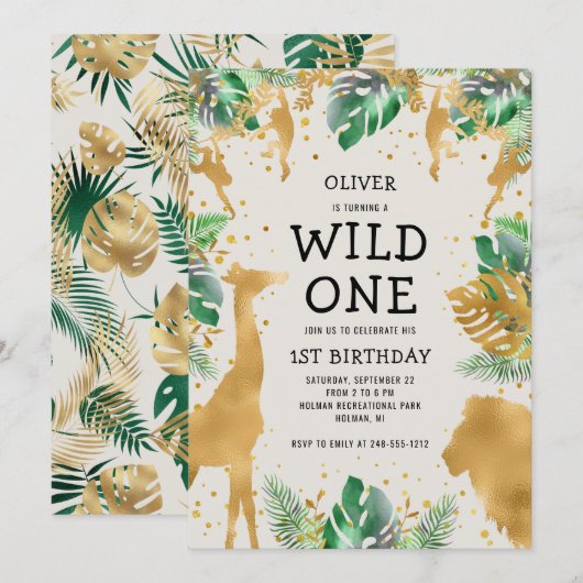 Wild One Safari グリーン ゴールド エクリュ 1歳の誕生日 招待状 (正面/裏面)