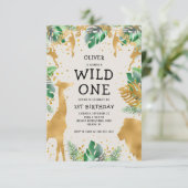 Wild One Safari グリーン ゴールド エクリュ 1歳の誕生日 招待状 (スタンド正面)