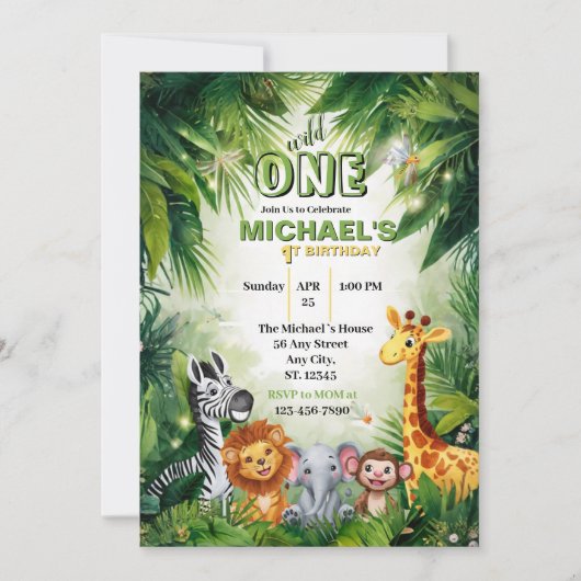 Wild One Safari ジャングルの動物 1歳の誕生日 招待状 (正面)