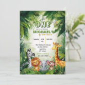 Wild One Safari ジャングルの動物 1歳の誕生日 招待状 (スタンド正面)