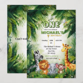 Wild One Safari ジャングルの動物 1歳の誕生日 招待状 (正面/裏面)