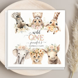 Wild One Safari ジャングルの女の子 1歳の誕生日 ナプキン スタンダードカクテルナプキン