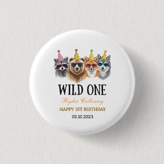 Wild One Safari 初めての誕生日 – ジャングルの動物 缶バッジ (正面)