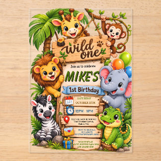 Wild One Safari 誕生日招待状 | かわいいジャングル アクリル招待状
